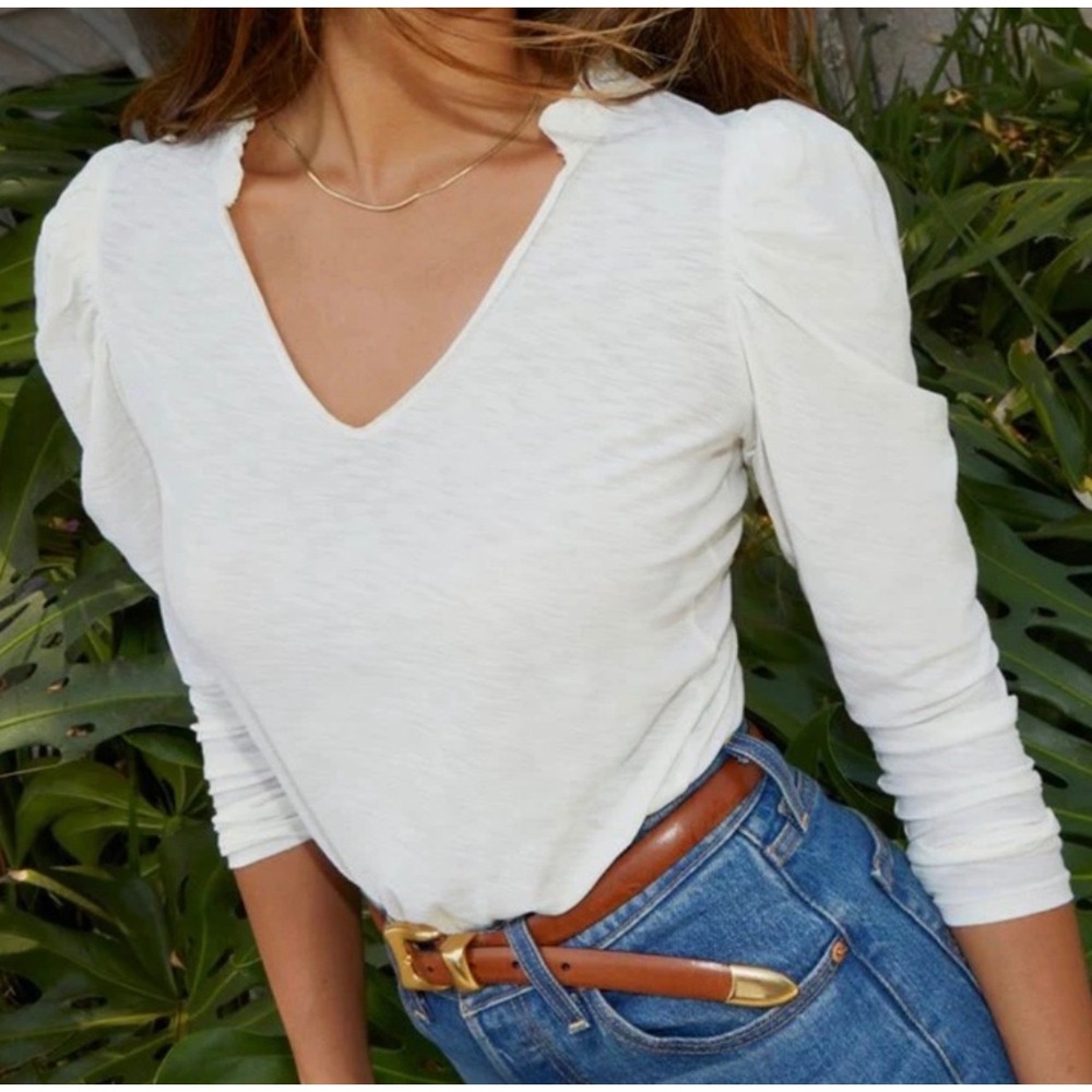 Nation LTD Top M Ivory 100% Pima Cotton Puff Sleeve Ruffle Neck Made Peru